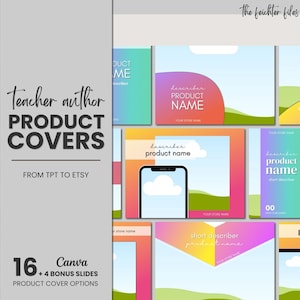Puede incluir: Un collage de 16 plantillas de portada de producto Canva coloridas para profesores y autores. Las plantillas presentan una variedad de diseños con un tema de naturaleza, que incluyen colinas, nubes y un teléfono. El texto "Teacher author PRODUCT COVERS FROM TPT TO ETSY" se muestra en el centro de la imagen. El texto "16 Canva + 4 BONUS SLIDES PRODUCT COVER OPTIONS" se muestra en la esquina inferior izquierda de la imagen.