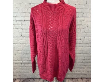 Suéter de cuello alto de punto trenzado vintage de los años 80 de COLLEGE POINT, rosa, grande
