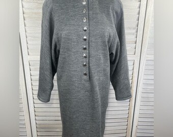 Vestido de lana vintage HARVE BENARD con botones en la parte delantera, color gris medio
