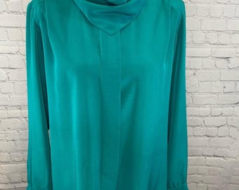 Blusa de manga larga verde jade con faja extraíble en el cuello de PENDLETON, estilo años 80, talla M