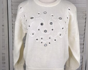 Suéter de cuello redondo vintage de los años 80 con cuentas de color crema de JAMIE SCOTT - Mediano