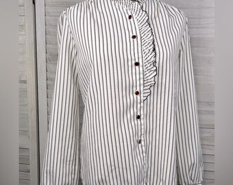Blusa vintage con botones y volantes en la parte delantera para mujer de JOLENE, color blanco y rayas negras, talla 10