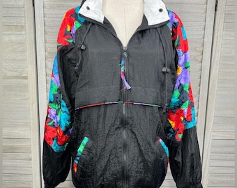 Chaqueta cortavientos vintage de los años 80 de South Harbour en color negro y multicolor, talla mediana