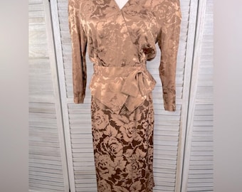 OLEG CASSINI Vintage Silk Skirt Set Brown Floral Jacquard-10