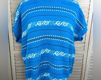 Suéter vintage de Jennifer Adams, años 80 y 90, azul brillante y blanco, talla M y L