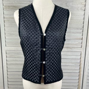 ANN TJIAN (for Kenar) Vest 100% Silk Basketweave w Velvet Trim Black-Medium