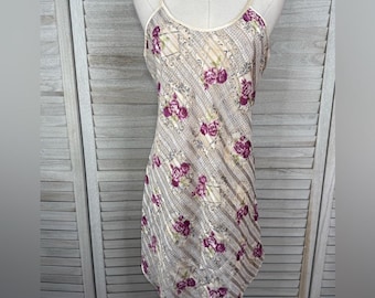 Camisola/enagua de satén semitransparente con rayas y flores de KATHRYN, estilo vintage de los años 90, color beige y multicolor, talla S/M