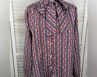 Blusa de Cape Cod Match Mates con cuello anudado, estilo vintage de los años 70, con estampado floral y rayas, talla M/L