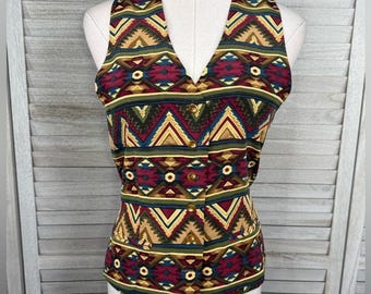 Chaleco de seda vintage de los 80 con estampado suroeste para mujer de NEIMAN MARCUS - Talla pequeña