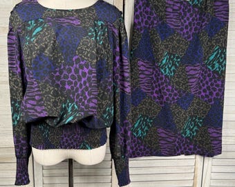 Conjunto de falda y top NICOLA para mujer, estilo vintage años 80, estampado animal/floral, morado/multicolor - talla 14