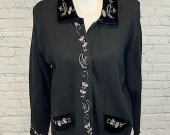 TIARA INTERNATIONAL Cardigan Vintage 90's Embroidered Black with Velvet Trim-S
