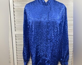 HABERDASHERY Vintage 80s Patterned Satin High Neck Button Down Blouse Blue-12