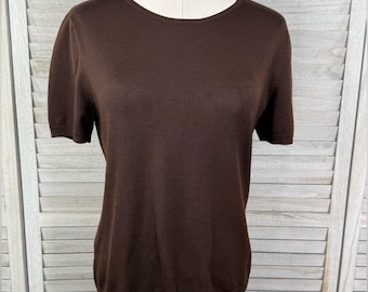 LAUREN (Ralph Lauren) Suéter de mezcla de seda marrón de manga corta para mujer, años 90, años 2000, talla M