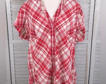 FADED GLORY Vintage Short Sleeve Snap Front V Neck Shirt Red Plaid-22W/24W