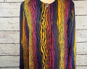 Blusa vintage de los años 80 de JORDAN con rayas onduladas de colores y ribete trenzado dorado (talla grande)