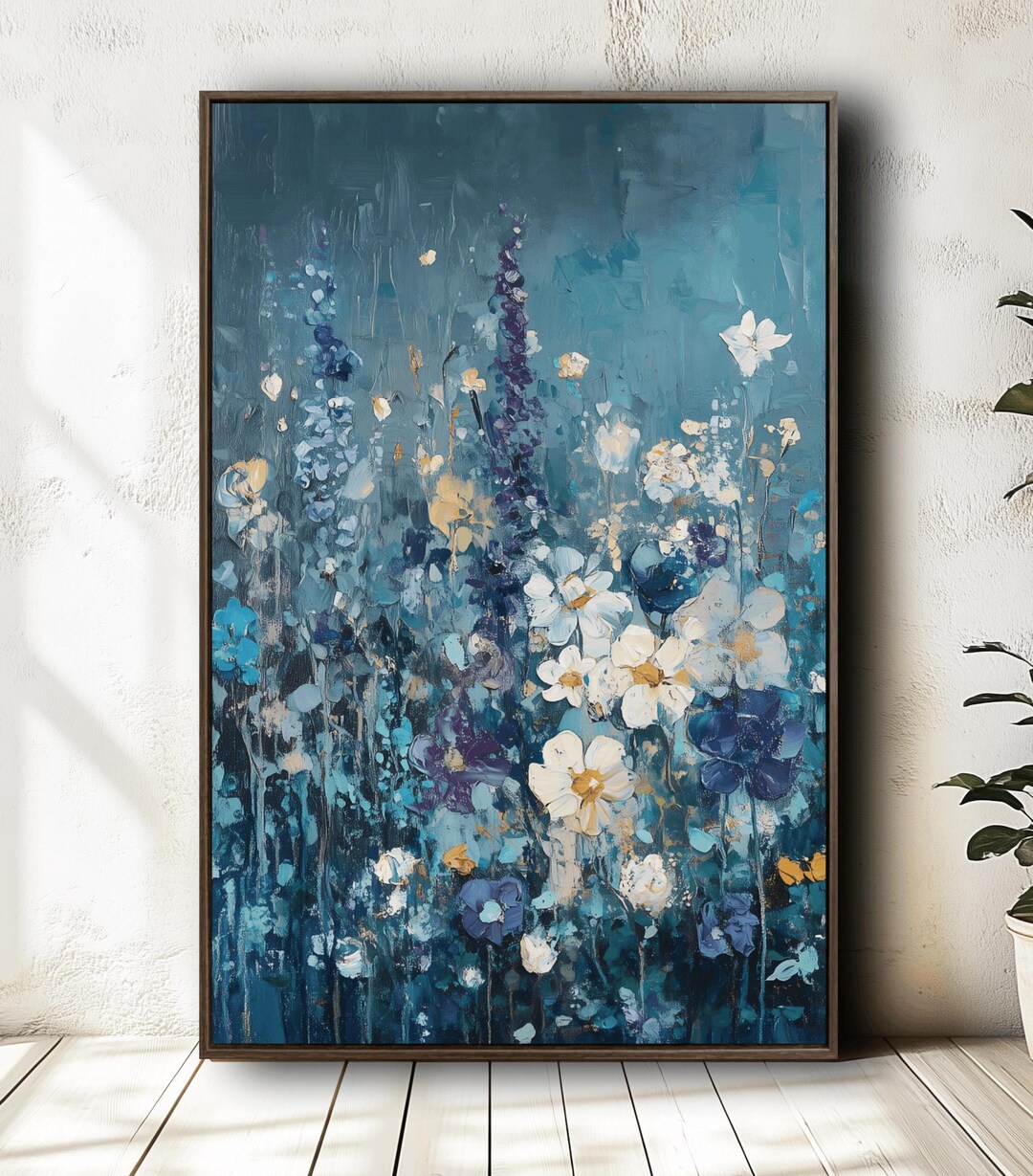 Moody Blue Botanical Wall Art | Vertical Vintage Still Life Floral ...