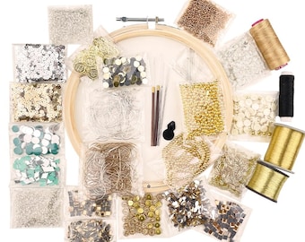 Aari Work Materials Kit Combo Pack Set of Gold Frame Color Beads, Sepia, Zari, Zardosi, Mirrors, Aari Needles
