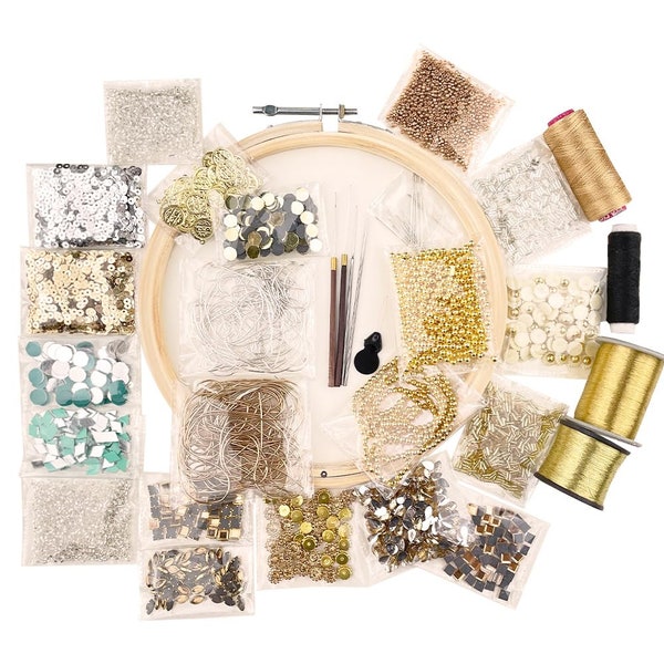 Aari Work Materials Kit Combo Pack Set of Gold Frame Color Beads, Sepia, Zari, Zardosi, Mirrors, Aari Needles