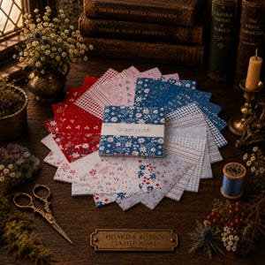 May include: A stack of square fabric swatches labeled Firework Fields, featuring a variety of red, white, and blue patterns including floral, gingham, and striped designs with pinked edges, arranged in a fan shape on a dark wooden surface.