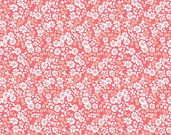May include: A repeating textile pattern featuring a dense arrangement of small white flowers with five petals and tiny light yellow centers, all set against a vibrant coral pink background, creating a continuous floral surface design.