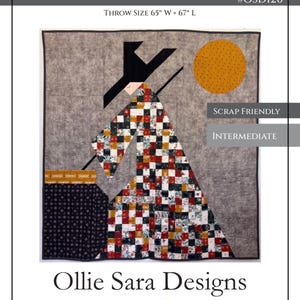 May include: A quilt pattern titled Moonlit Elixir #OSD120 by Ollie Sara Designs. The design features a figure in a checkered robe standing by a cauldron under a yellow moon against a gray background. The throw size is 65 inches by 67 inches.