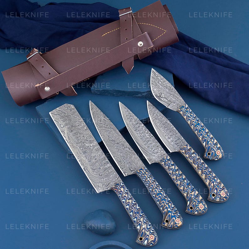 Handmade Damascus Steel 5 PCS Chef Tool Gift With Leather Kit