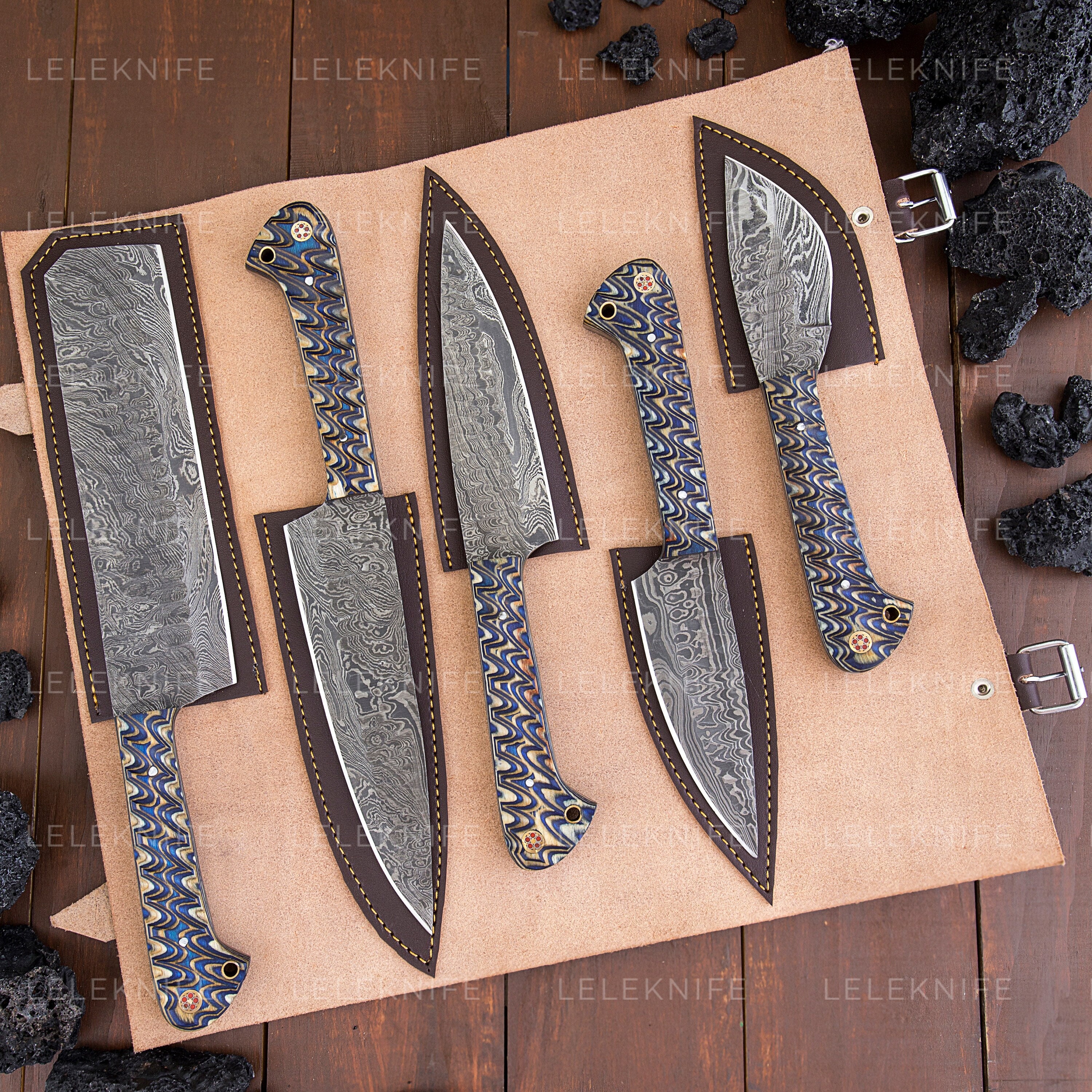 Handmade Damascus Steel Kitchen Knife/steak Knife/ Cleaver/ Vegetable and  Meat Cutting-set of 3-KD2 