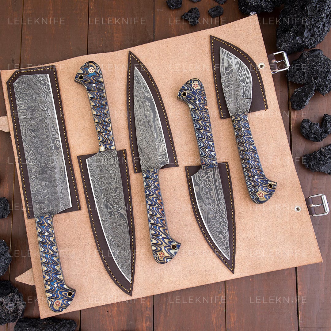 Handmade Damascus Steel 5 PCS Chef Tool Gift With Leather Kit