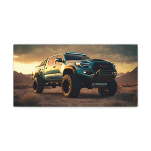 Opgeheven terreinwagen Toyota Tacoma uit 2023 in een prachtige woestijnvallei