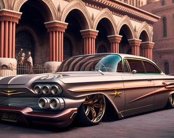 Vintage 1960 Chevy Impala Digital Art Print in City Park Setting