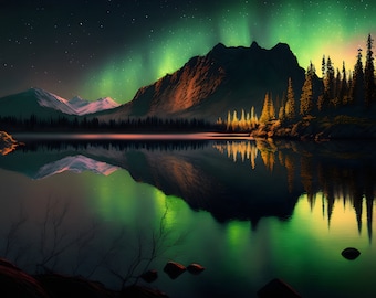 Serene Lake Under Aurora Borealis and Moonlight - 4k Digital Image