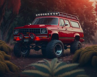 Cherry Red Dodge Squarebody Truck Art Print: Lifted Off-Road Wheels (Digital Download)