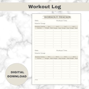 Può includere: Un tracker di registro di allenamento stampabile con due pagine. Ogni pagina ha una sezione per la data, il gruppo muscolare, l'ora dell'allenamento e una tabella per tenere traccia degli esercizi di allenamento di resistenza, serie, peso e ripetizioni.
