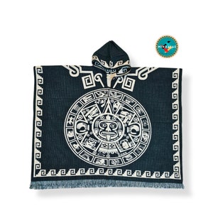 Alpaca Poncho Mexican Aztec Calendar Handcrafted by Indigenous Hands. Soft and warm with hood. One size and Unisex use.