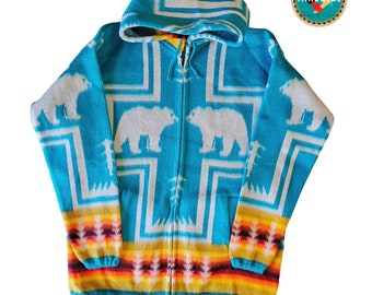 Alpaca Jacket Native southwestern (turqouise) Bear Zip Up Hoodie  Handcrafted by Indigenous Hands. Soft and warm, Gift Ideas.