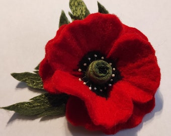 Red poppy felt brooch, Felted brooch, Wool accessory, Gift for mother from daughter, Jewelry poppy, Red flower brooch, Felt poppy flower