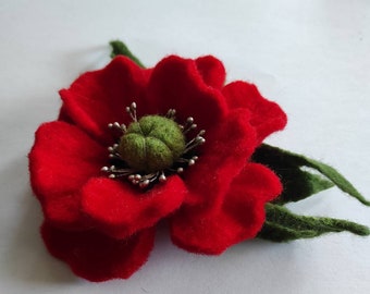 Broche en feutre de pavot rouge, broche feutrée, accessoire en laine, cadeau pour la mère de sa fille, bijoux coquelicot, broche fleur de pavot, fleur de pavot en feutre,