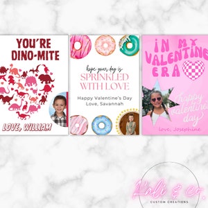 Tarjeta personalizada del Día de San Valentín para niños / Personalizada para la fiesta en el aula escolar / Descarga digital / Foto / Swiftie Donuts Dino Hearts