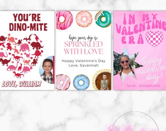 Personalisierte Valentinstag Karte für Kinder | Individuell für Schule Klassenzimmer Party | Digitaler Download | Foto | Swiftie Donuts Dino Herzen