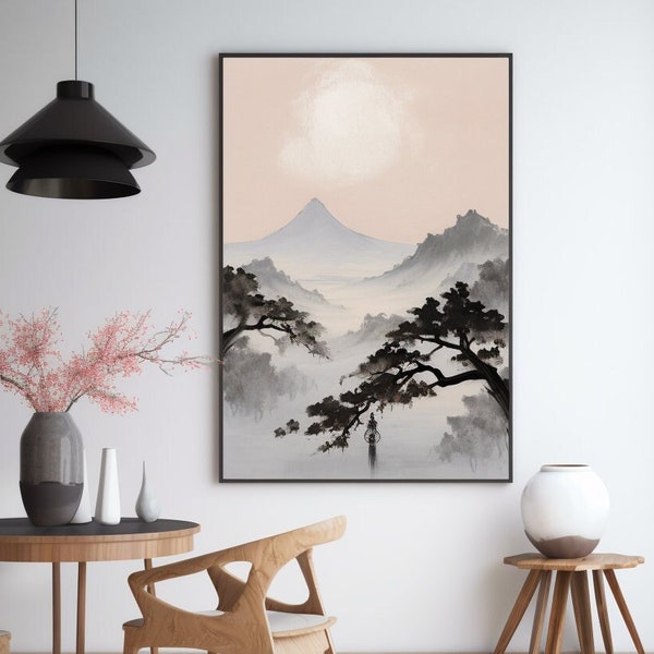 Japandi style mountain wall art, japandi decor, mountain art, digital download, neutral wall art