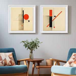 Mid-Century Modern Constructivist Wall Art Set, Russian Abstract Geometric Prints, Minimalist Digital Download, Red and Black Bauhaus Style