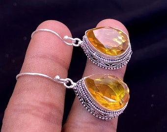 Natural Citrine Earring- Handmade Silver Earring-Teardrop Citrine Earring-925 Sterling Silver Earring-Yellow Stone Earring-Gift for her