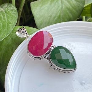 Red Ruby, Green Emerald, Pendant 925 Sterling Silver Pendant Emerald Gemstone Pendant Handmade Pendant Ruby Jewelry Gift For Her Mother