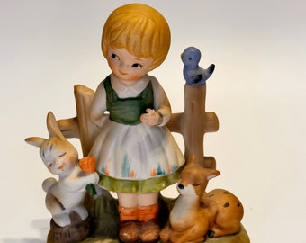 Enesco Vintage 1950s Bisque Little Gitl Figurine with Bunny Rabbit, Bluebird and Deer Doe