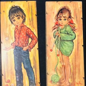 Mid Century Modern Vintage Boho Boy and Girl Composite Wood Wall Art Plaques, set of 2