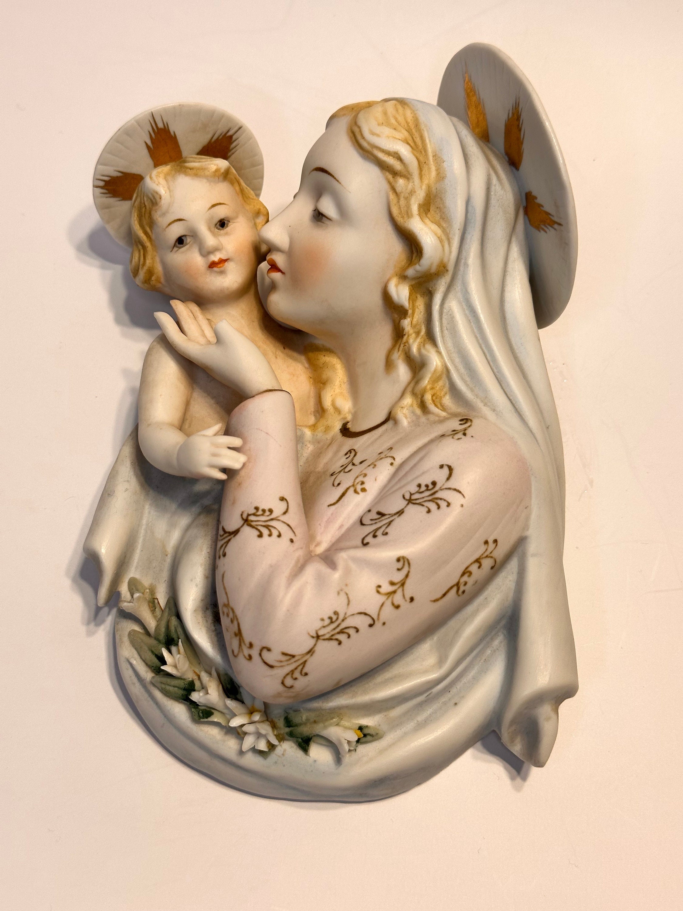 アンティーク　ベビーナーサリージャー　 5個セット(イエロー/マーブル柄) Lefton Made in Japan 1950's Vintage Ceramic Bisque Madonna