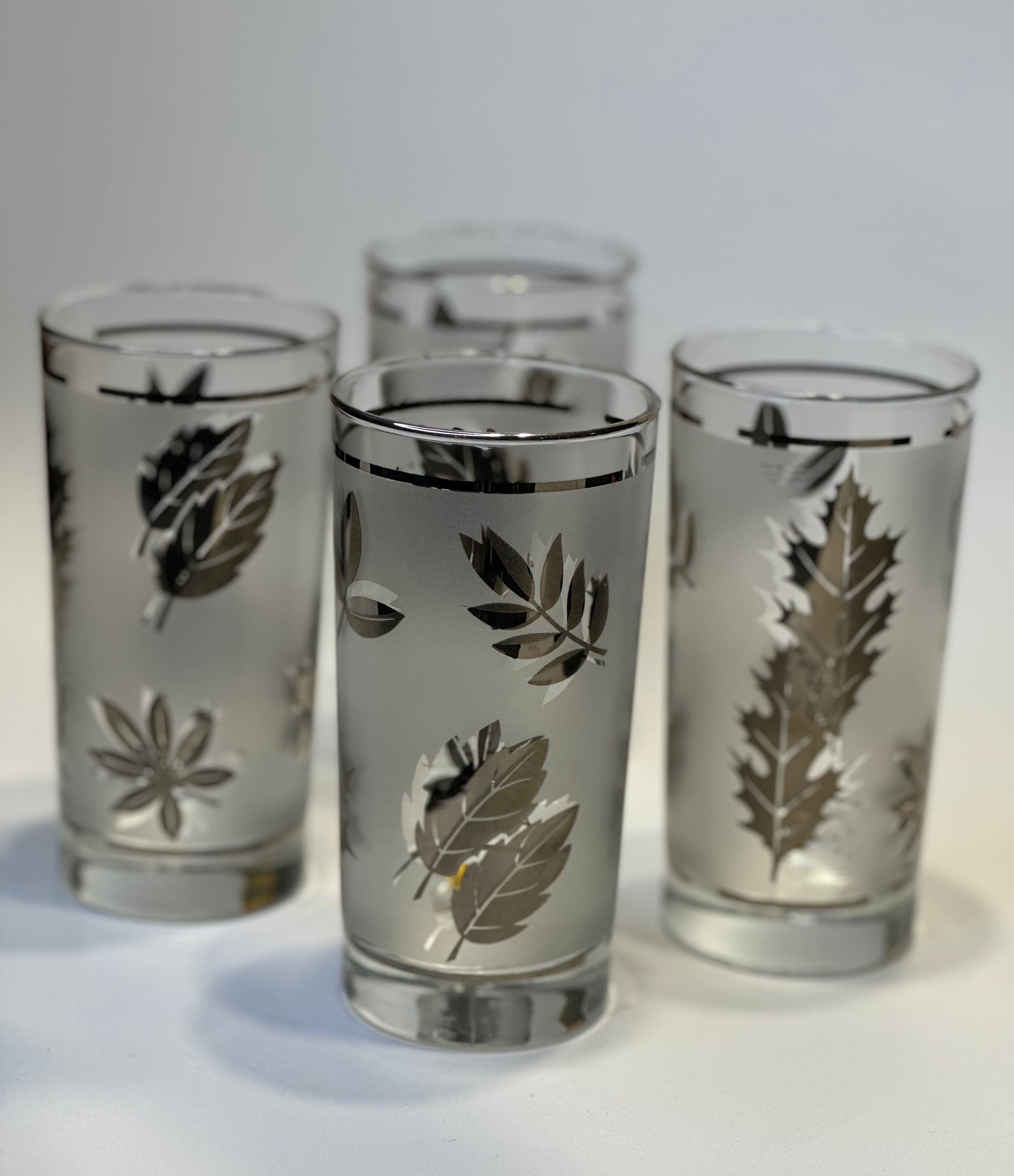 Vintage Glassware Set of 8 , Libby Mid Century Silver Leaf Set of 8  Highball Glasses With Chrome Carrier 