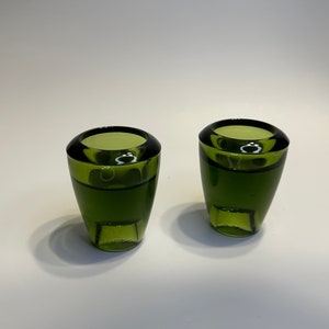 Vintage MCM Avocado Green  Art Glass Reversible  3” Candleholders, set of 2