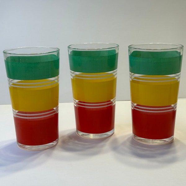 Vintage Red Yellow Green Strips Highball Drinking Glasses, ONE