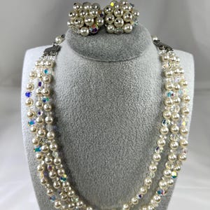 Vintage Faux Pearl Choker & Clip-On Earrings Set - 1950s AB Crystals